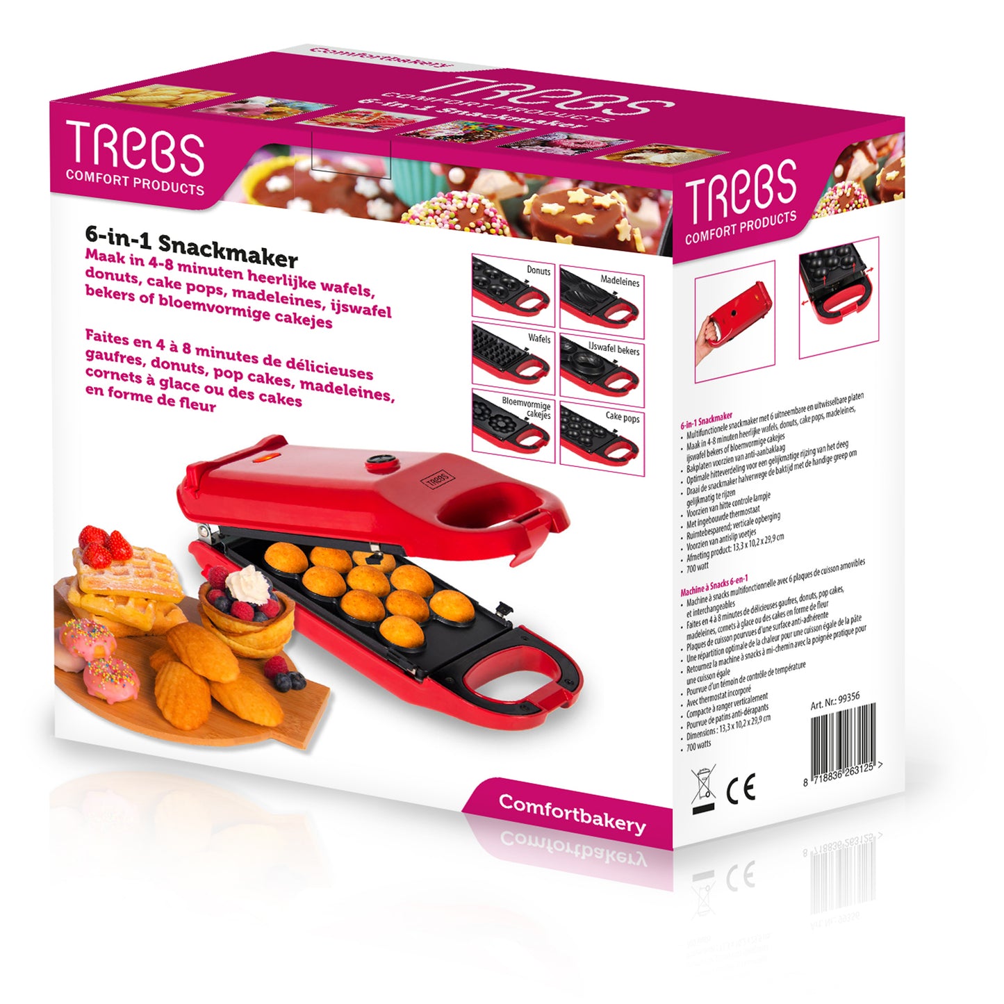 Trebs 99356 - 6-in-1 Snack Maker / Comfortcook for delicious waffles, doughnuts, cake pops, madeleine biscuits, waffle bowls for ice cream and mini cakes